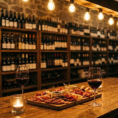 Tabla de picada con fiambres, quesos y copas de vino